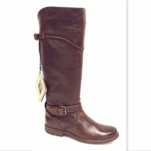 New FRYE Brown Leather Buckled Strap Riding Boots 6 Extended calf